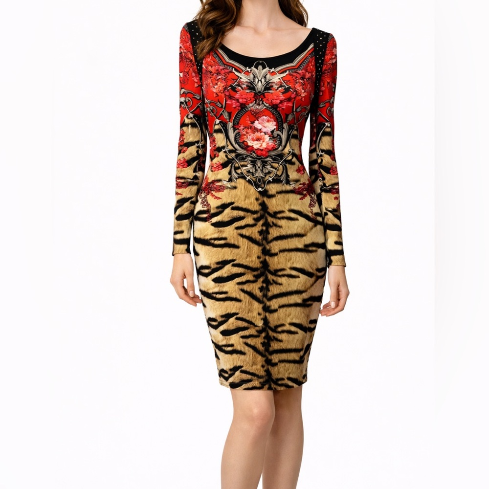 Roberto Cavalli Dress Long Sleeve Stretch Silk Animal Flowers Small Luxury $1250
